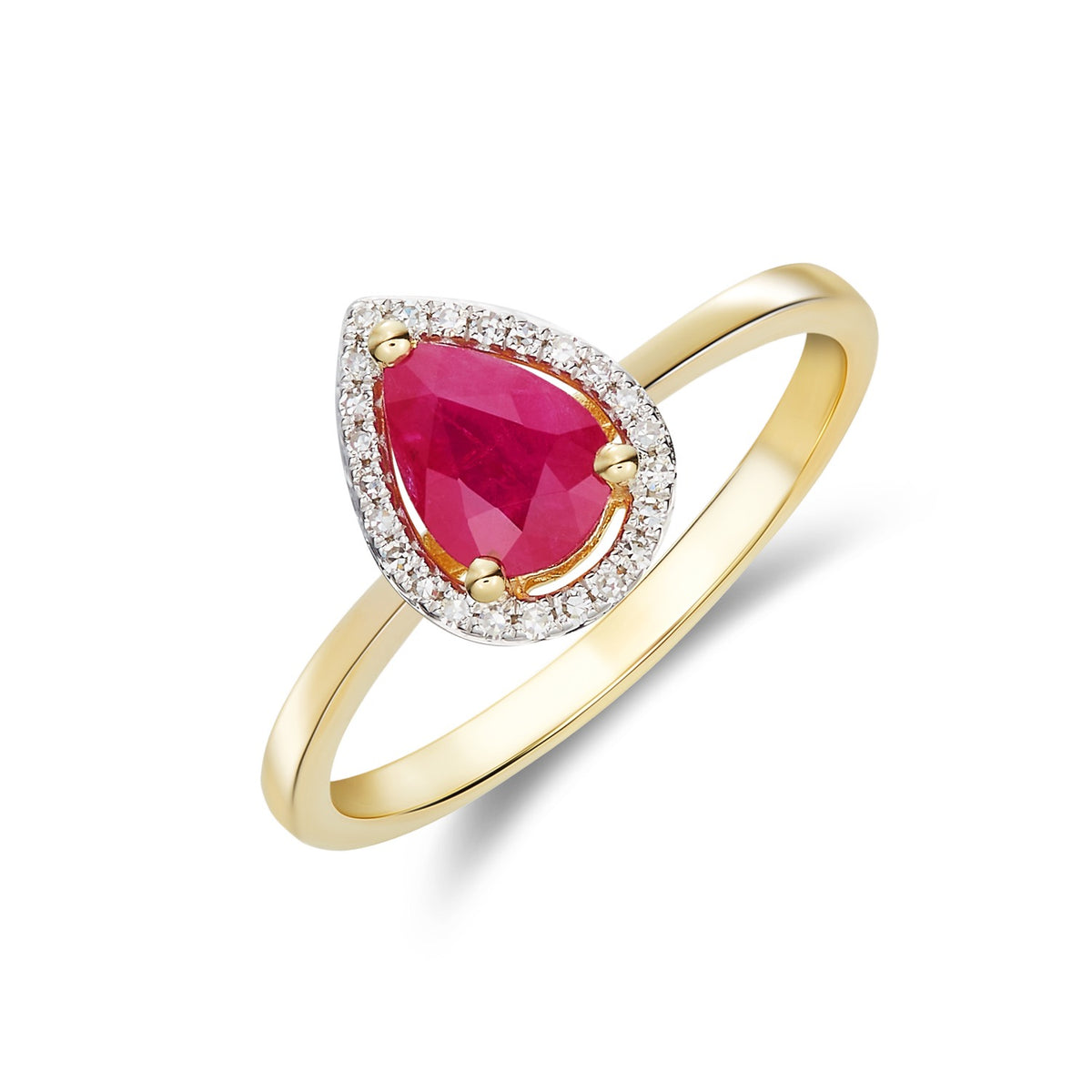 9CT YG 7X5 PEARSHAPE RUBY & DIAMOND HALO CLAW CLUSTER RING. RHODIUM TO DIAMONDS