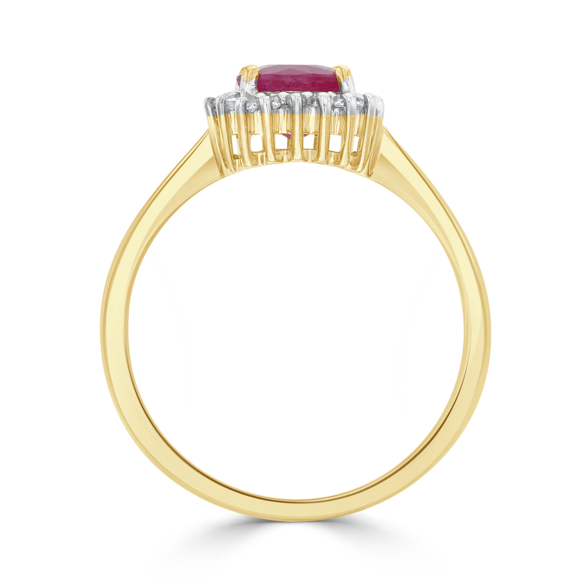 9CT YG 6MM ROUND RUBY & DIAMOND CLAW SET CLUSTER RING. RHODIUM TO DIAMONDS