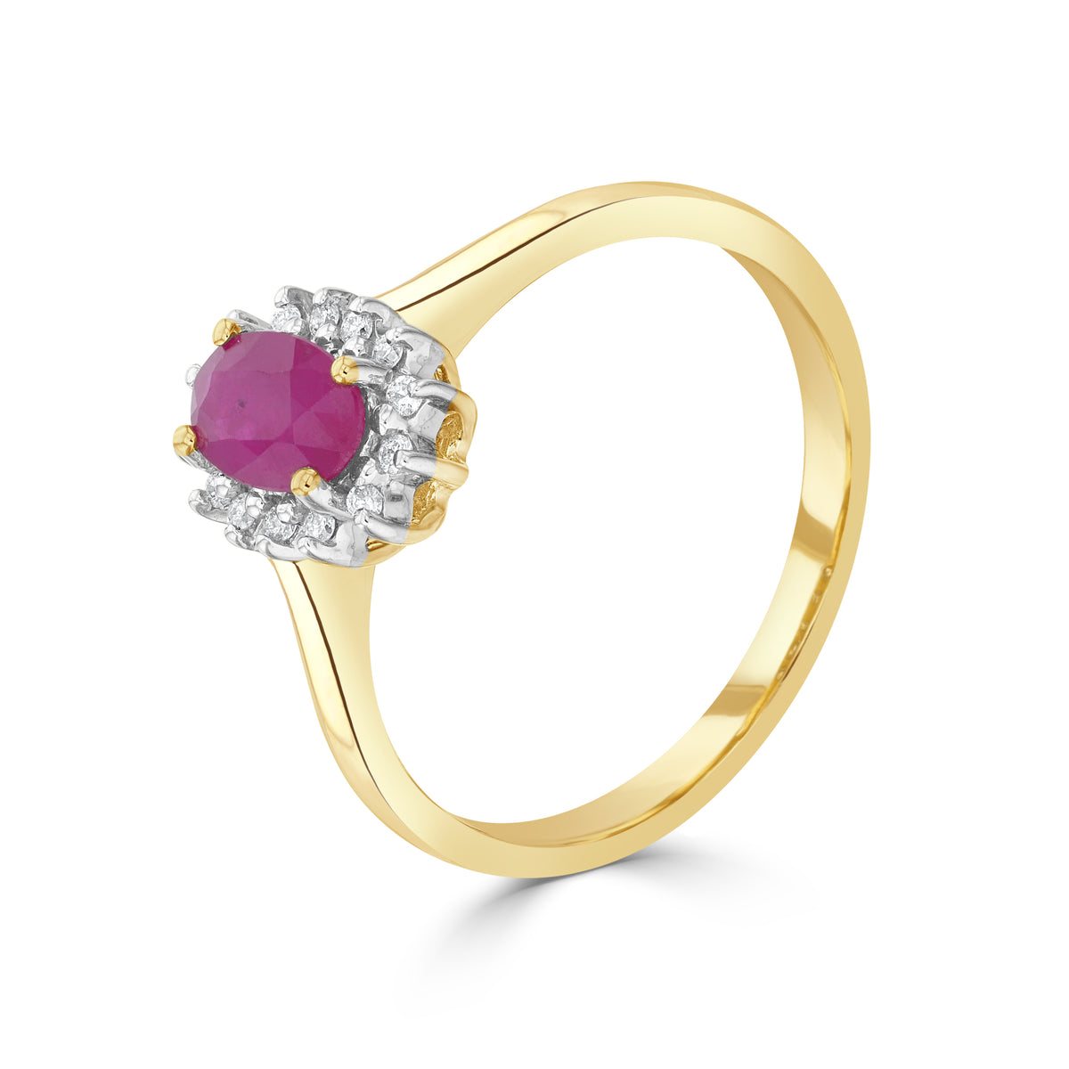 9CT YG 6X4 OVAL RUBY & DIAMOND CLAW SET CLUSTER RING. RHODIUM TO DIAMONDS