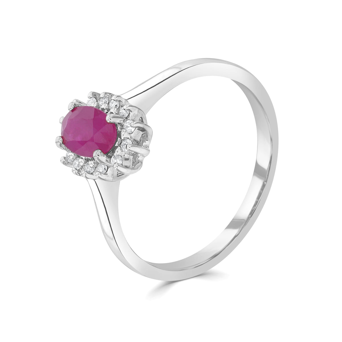 9CT WG 6X4 OVAL RUBY & DIAMOND CLAW SET CLUSTER RING