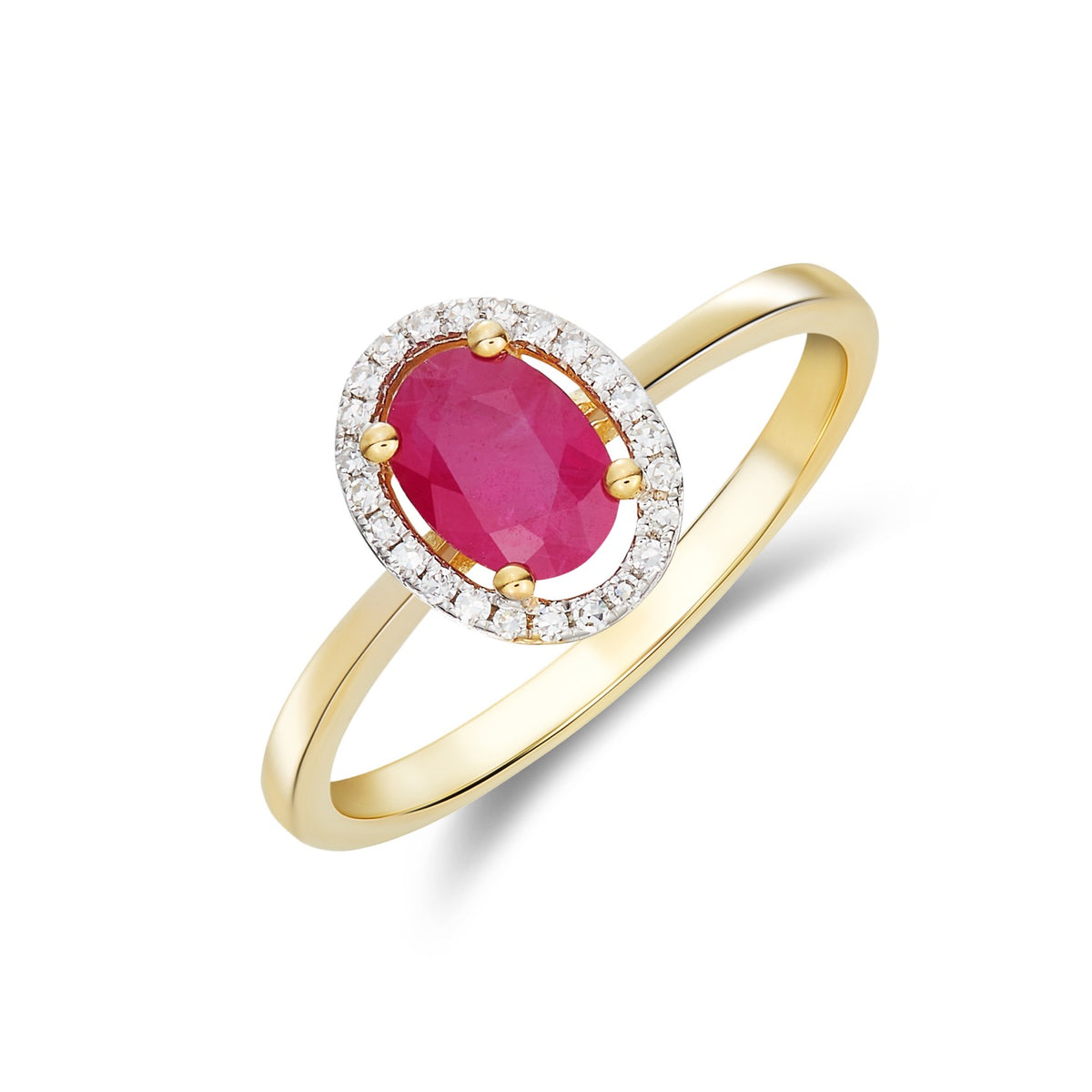 9CT YG 7X5 OVAL RUBY & ROUND DIAMOND HALO CLUSTER RING. RHODIUM TO DIAMONDS