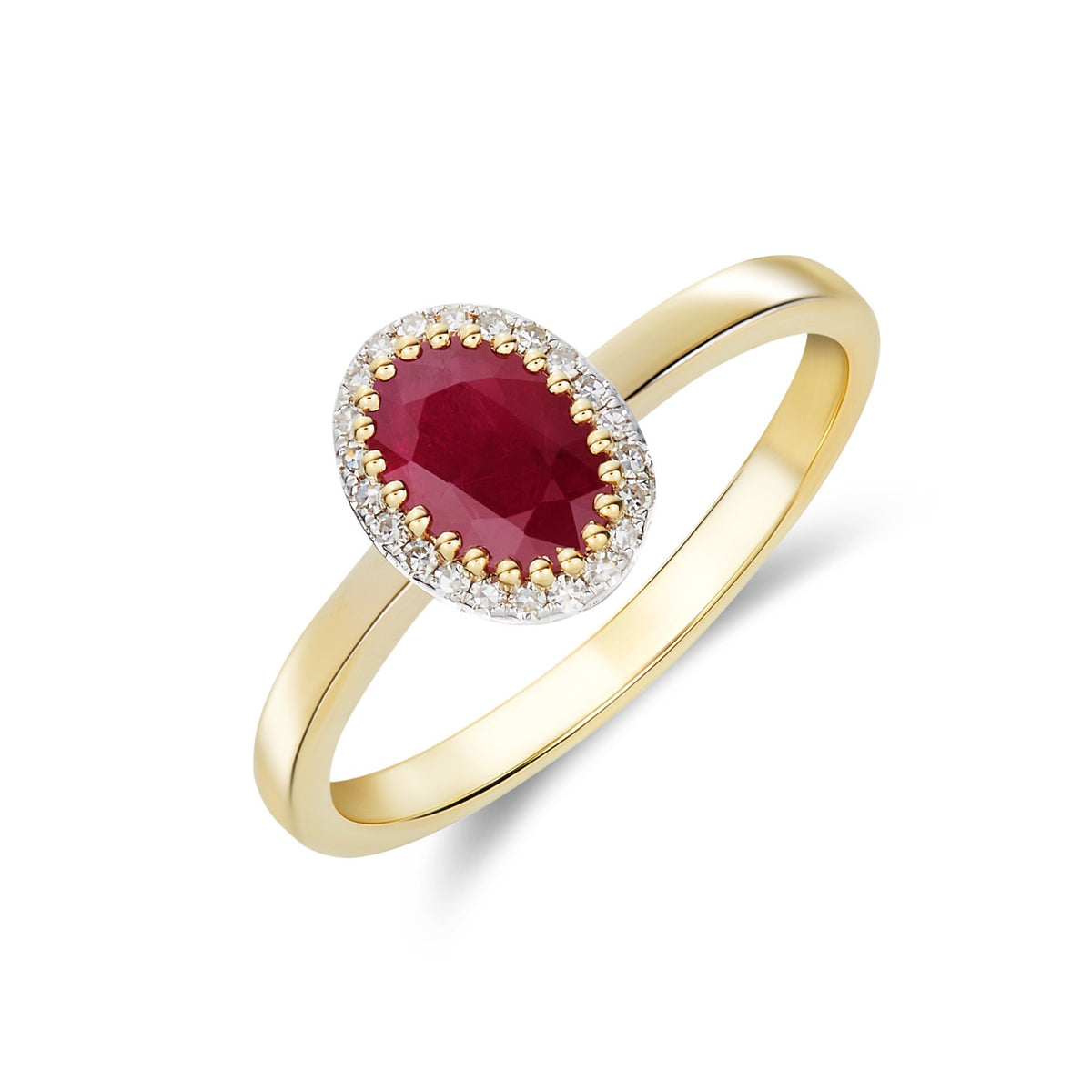 9CT YG 7X5 OVAL RUBY AND ROUND DIAMOND CLAW SET CLUSTER RING. RHODIUM TO DIAMONDS