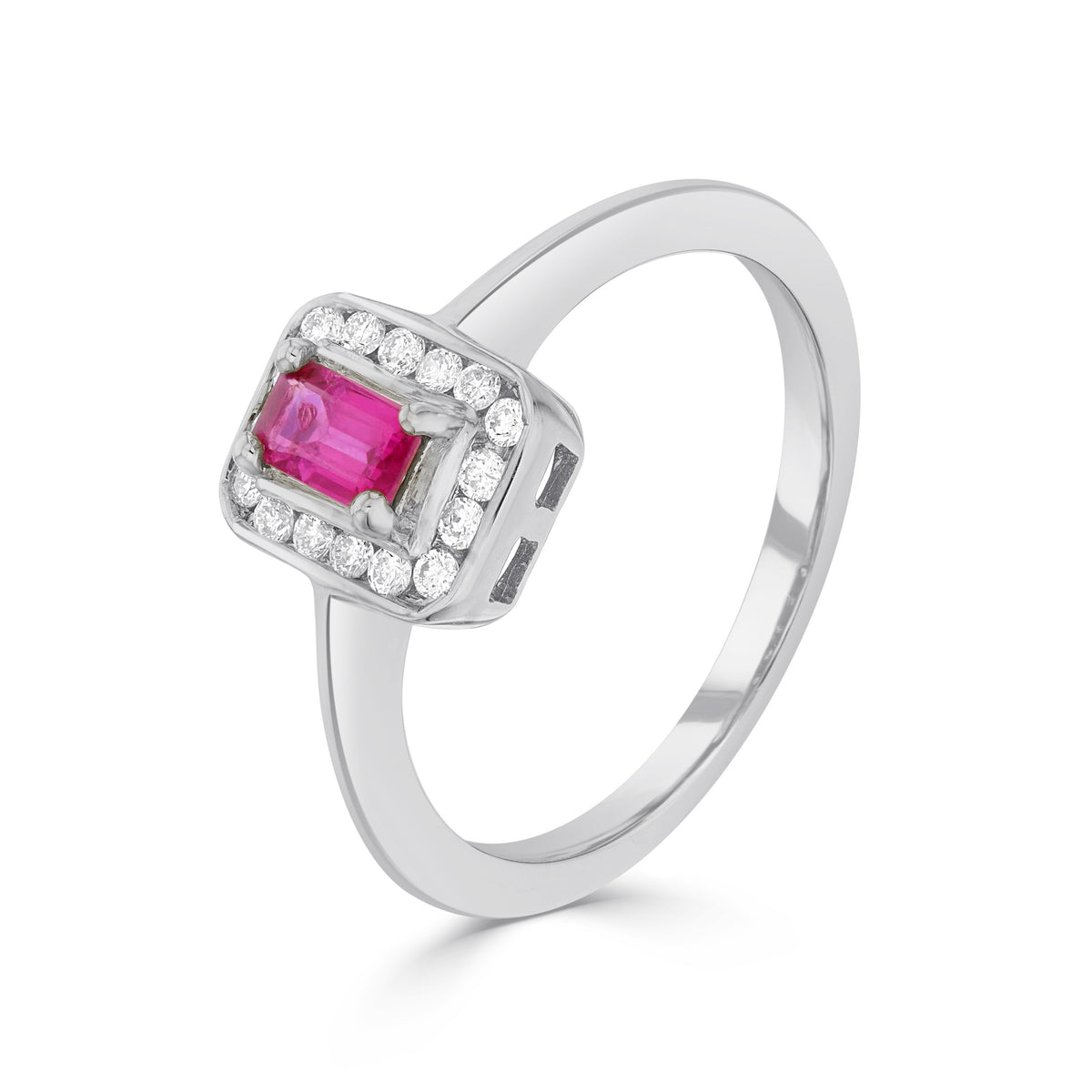 9CT WG CLAW SET 5X3 OCTAGON RUBY AND CHANNEL SET ROUND DIAMOND CLUSTER RING