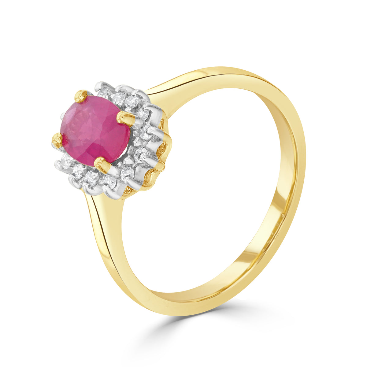 9CT YG 7X5 OVAL RUBY & DIAMOND CLAW SET CLUSTER RING. RHODIUM TO DIAMONDS
