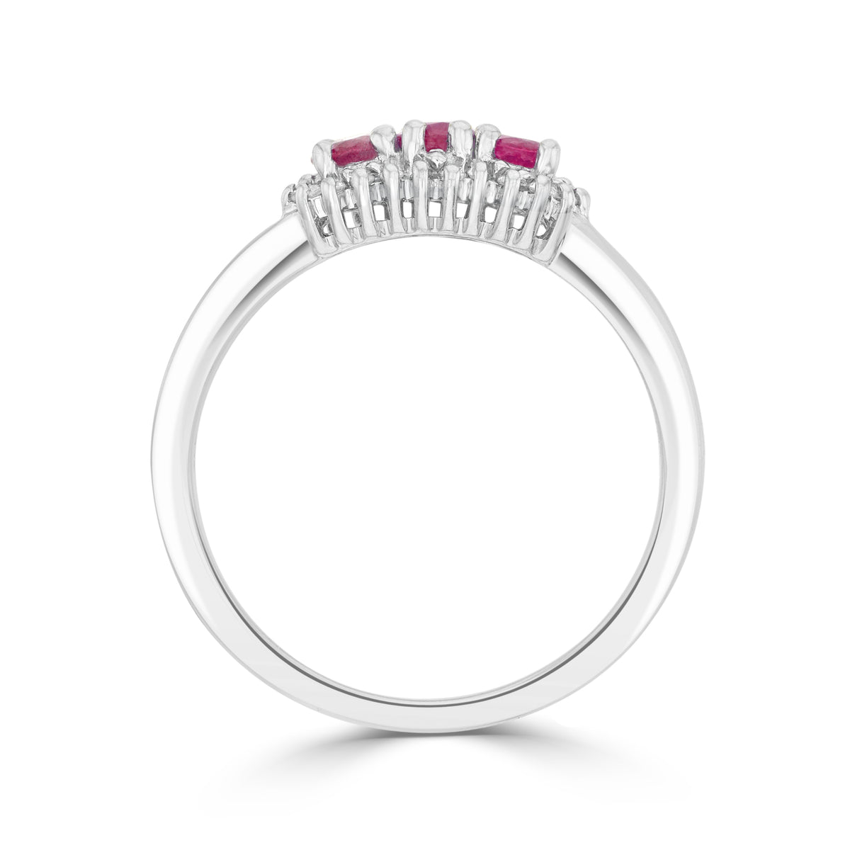 9CT WG OVAL RUBY & DIAMOND CLAW SET TRIPLE CLUSTER RING