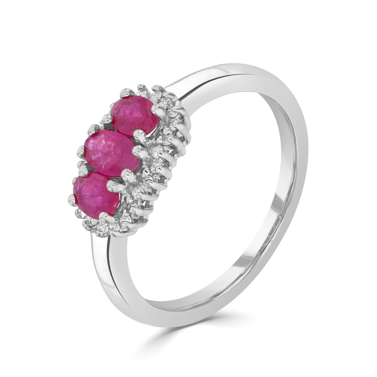 9CT WG OVAL RUBY & DIAMOND CLAW SET TRIPLE CLUSTER RING