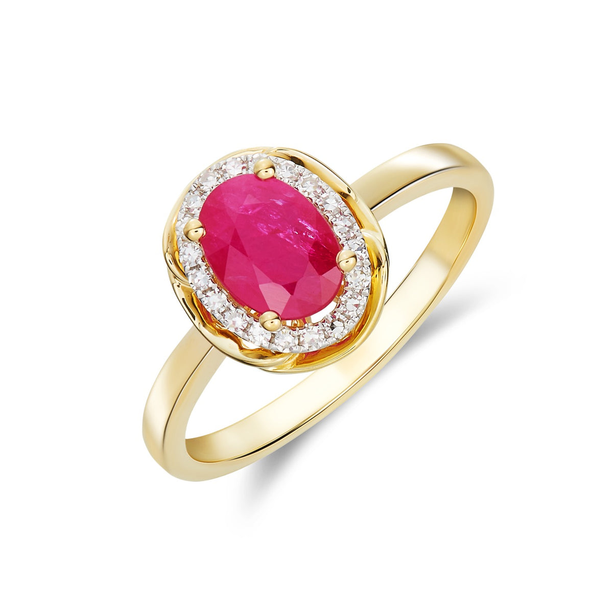 9CT YG 7X5 OVAL RUBY & DIAMOND CLUSTER RING WITH ROPE EDGE. RHODIUM TO DIAMONDS