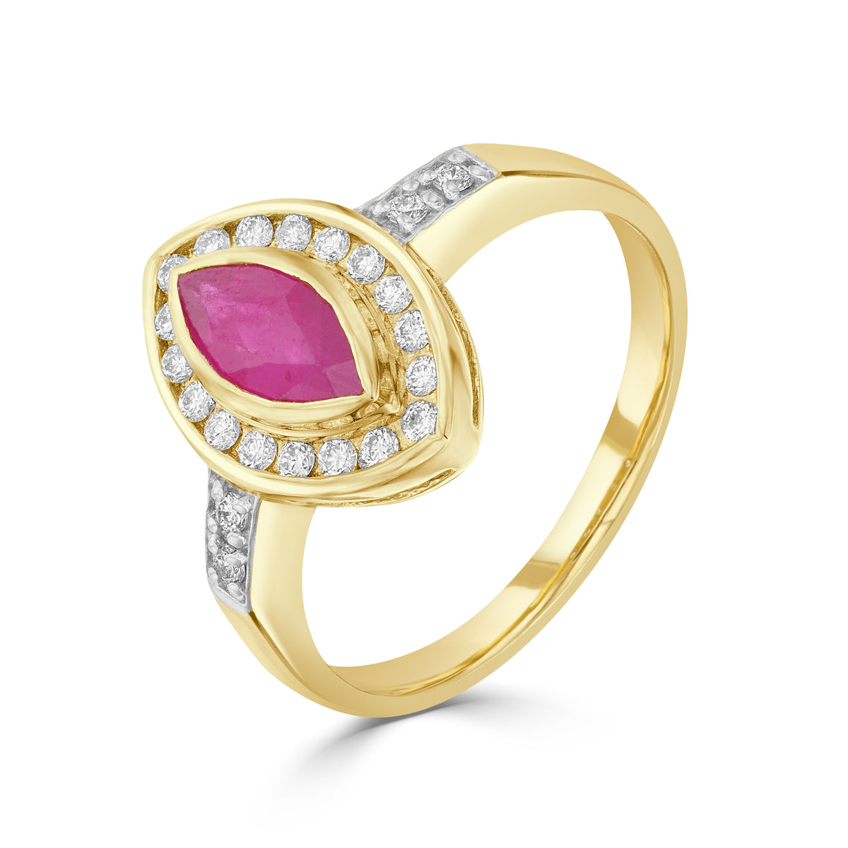9CT YG MARQUISE RUBY AND DIAMOND RUBOVER CLUSTER RING WITH GRAIN SET DIAMOND SET SHOULDERS.