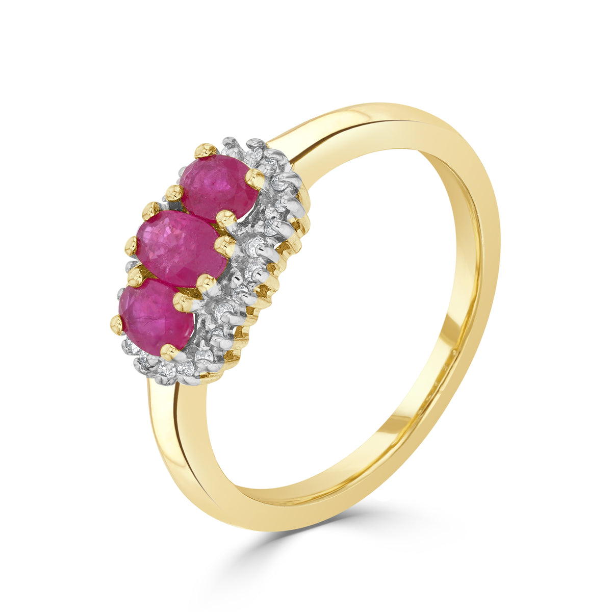 9CT YG OVAL RUBY AND DIAMOND TRIPLE CLUSTER RING. RHODIUM TO DIAMONDS