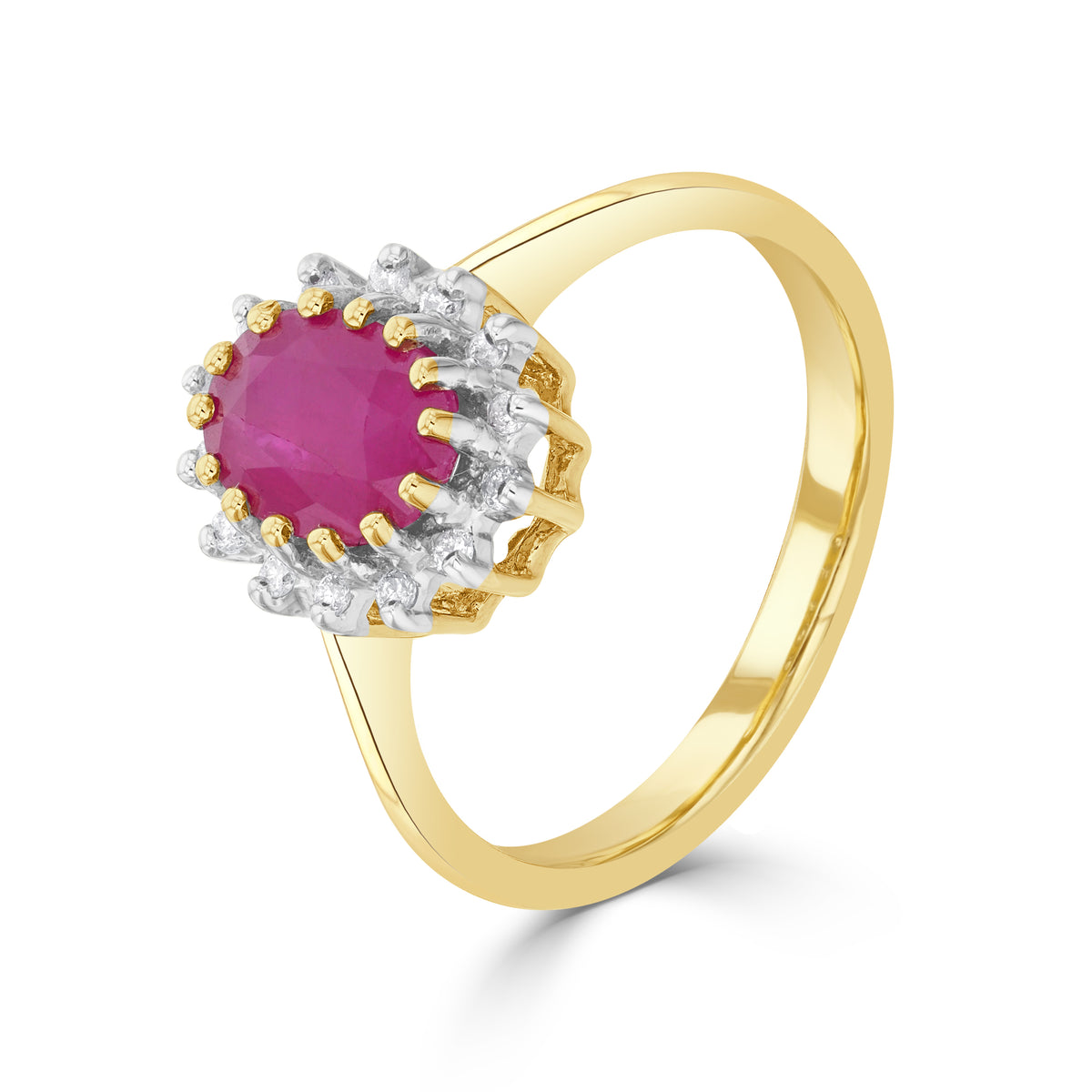 9CT YG 8X6 OVAL RUBY & DIAMOND CLAW SET CLUSTER RING. RHODIUM TO DIAMONDS
