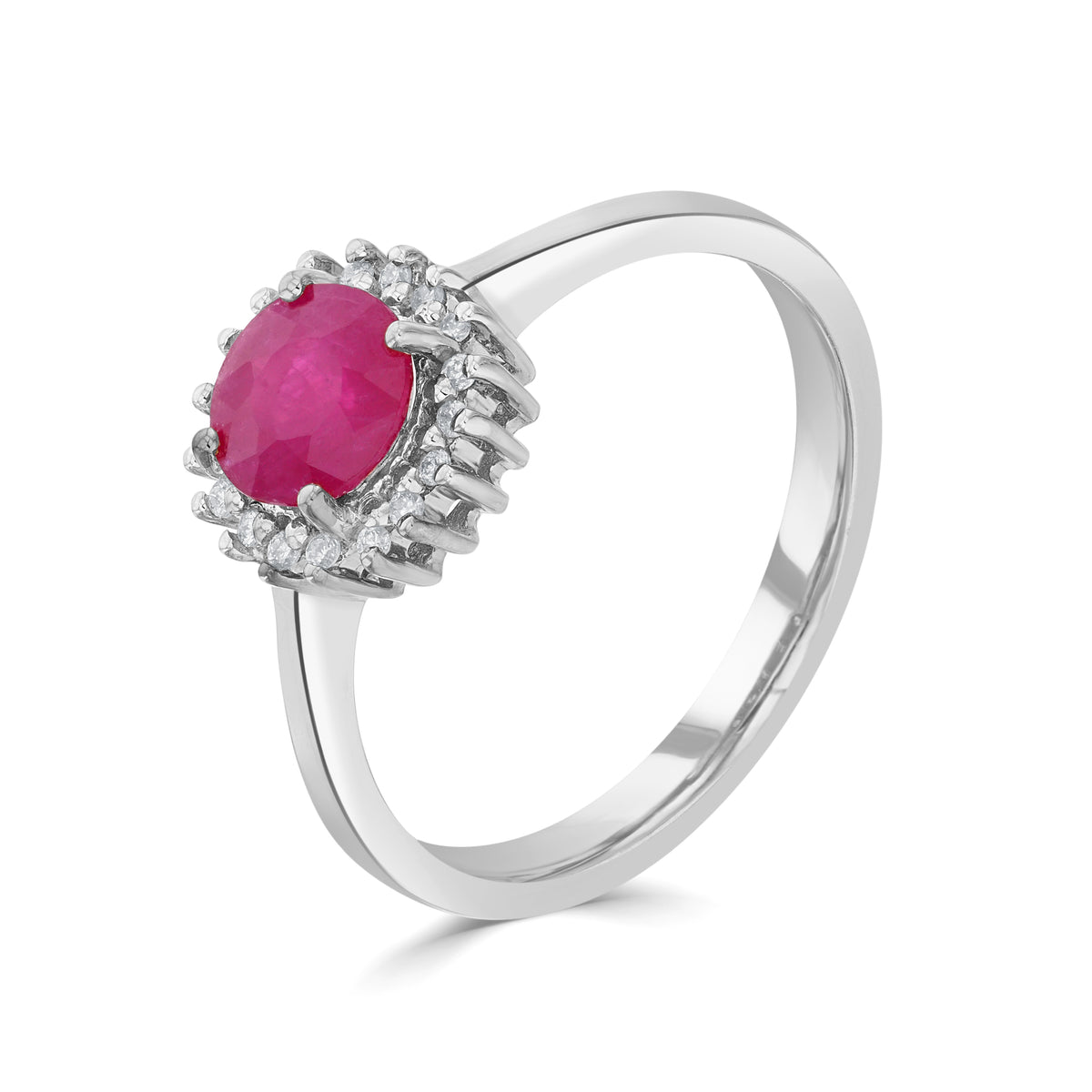 9CT WG 6MM ROUND RUBY & DIAMOND CLAW SET CLUSTER RING