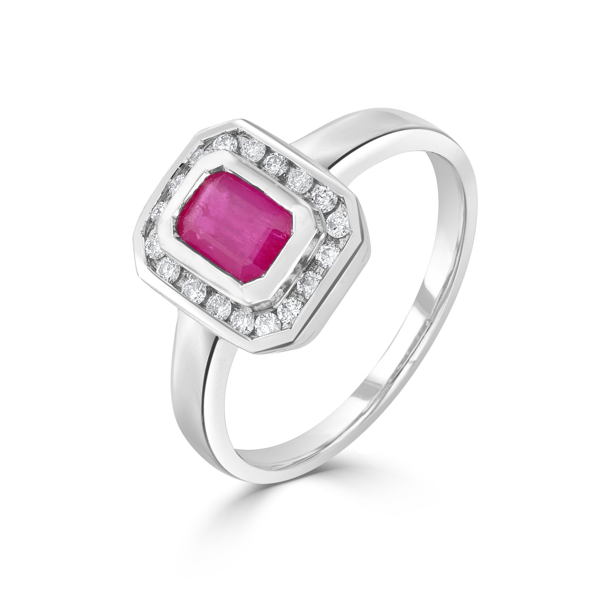 9CT WG RUBOVER 6X4 OCTAGON RUBY & CHANNEL SET DIAMOND CLUSTER RING