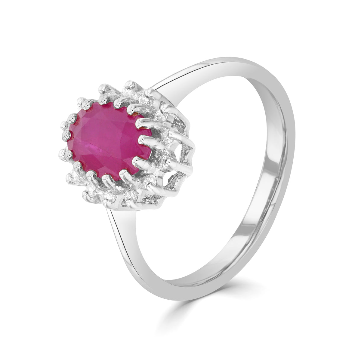 9CT WG 8X6 OVAL RUBY & DIAMOND CLAW SET CLUSTER RING