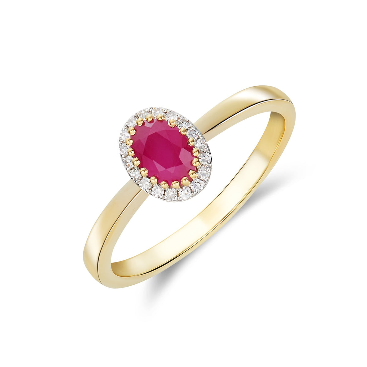 9CT YG OVAL RUBY AND DIAMOND CLAW CLUSTER RING. RHODIUM TO DIAMONDS