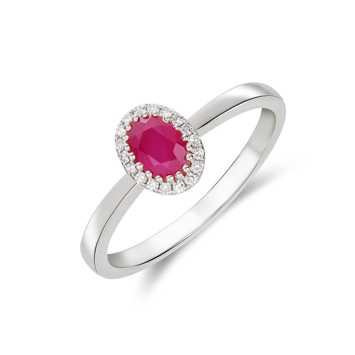 9CT WHITE GOLD OVAL RUBY AND DIAMOND CLAW CLUSTER RING