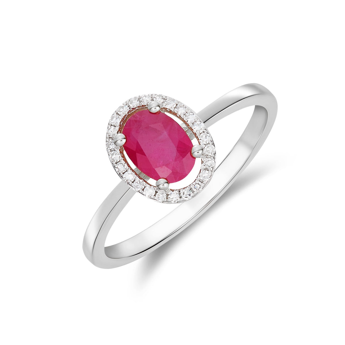 9CT WG 7X5 OVAL RUBY & ROUND DIAMOND HALO CLUSTER RING.