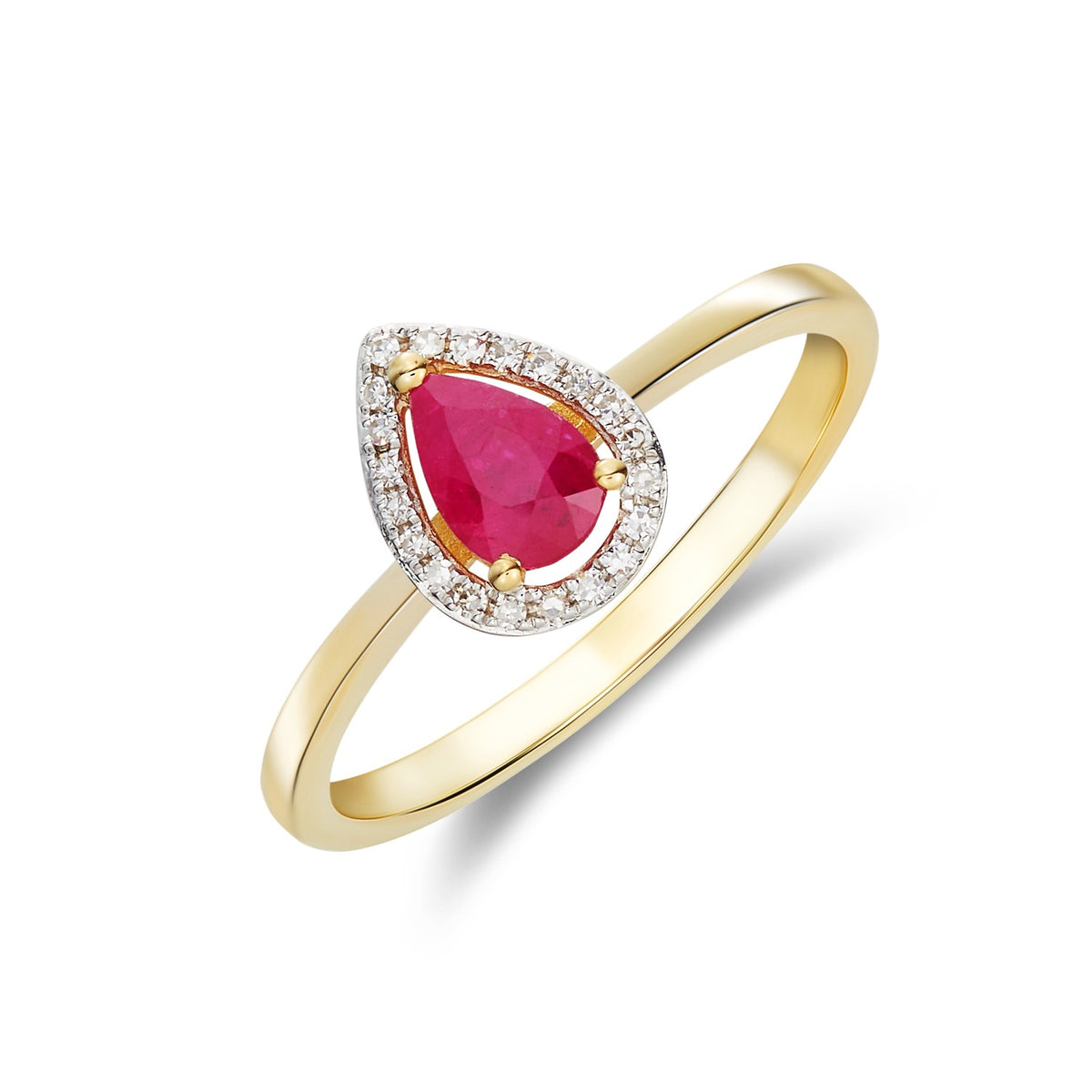 9CT YG 6X4 PEARSHAPE RUBY & DIAMOND HALO CLAW CLUSTER RING. RHDOIUM TO DIAMONDS