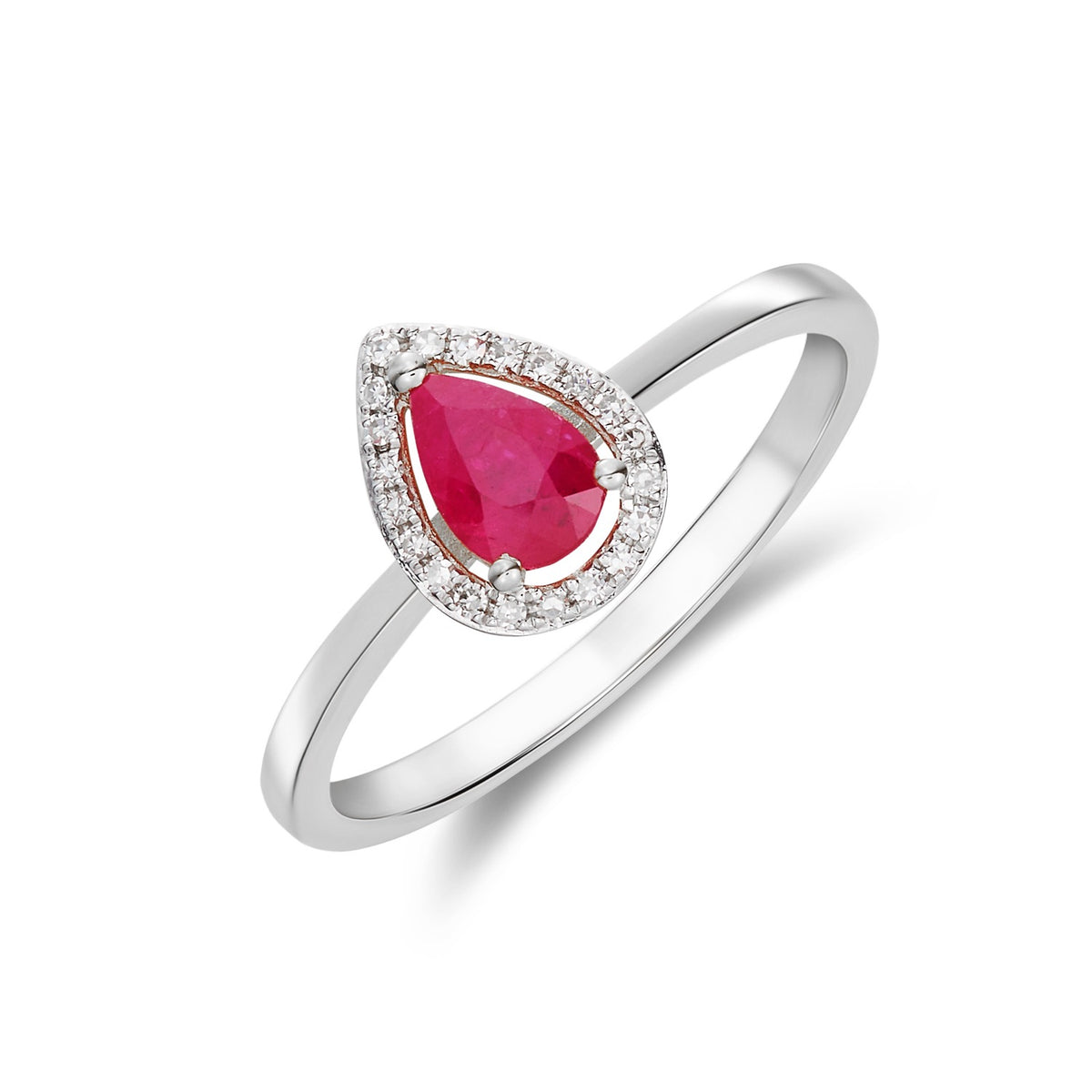 9CT WG 6X4 PEARSHAPE RUBY & DIAMOND HALO CLAW CLUSTER RING