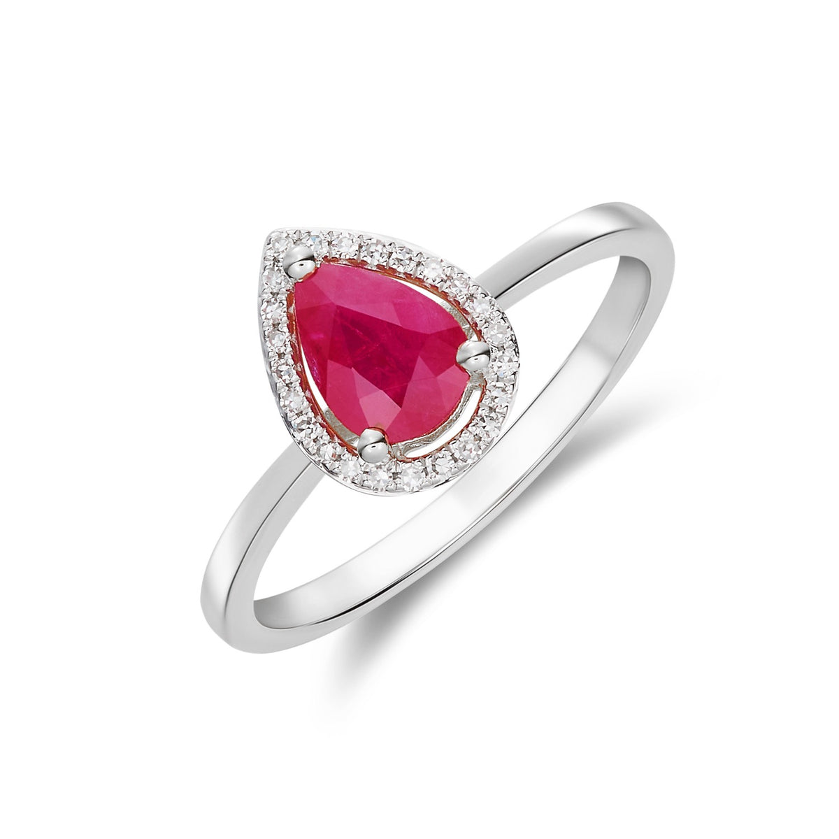 9CT WG 7X5 PEARSHAPE RUBY & DIAMOND HALO CLAW CLUSTER RING