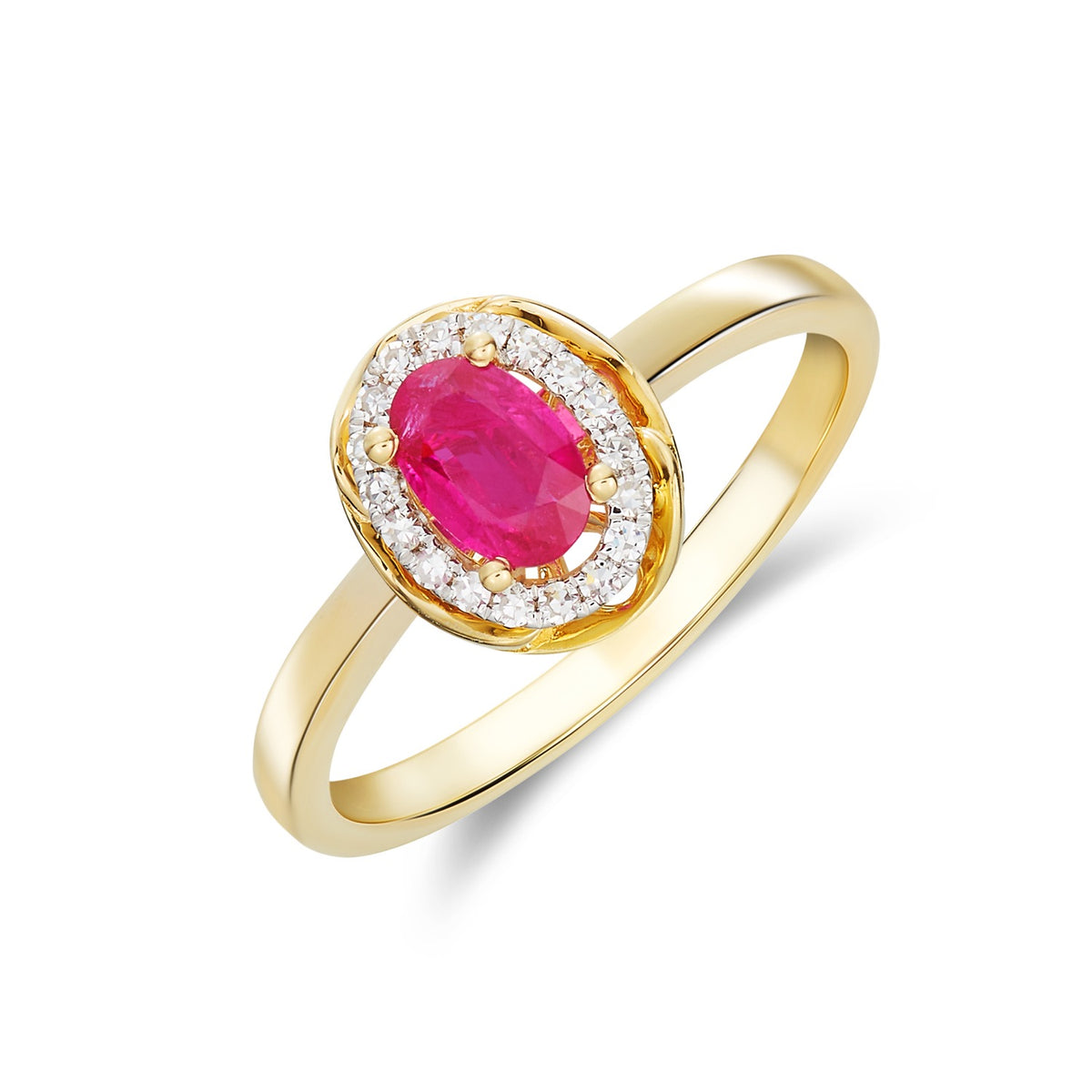 9CT YG 6X4 OVAL RUBY & DIAMOND CLUSTER RING WITH ROPE EDGE. RHODIUM TO DIAMONDS