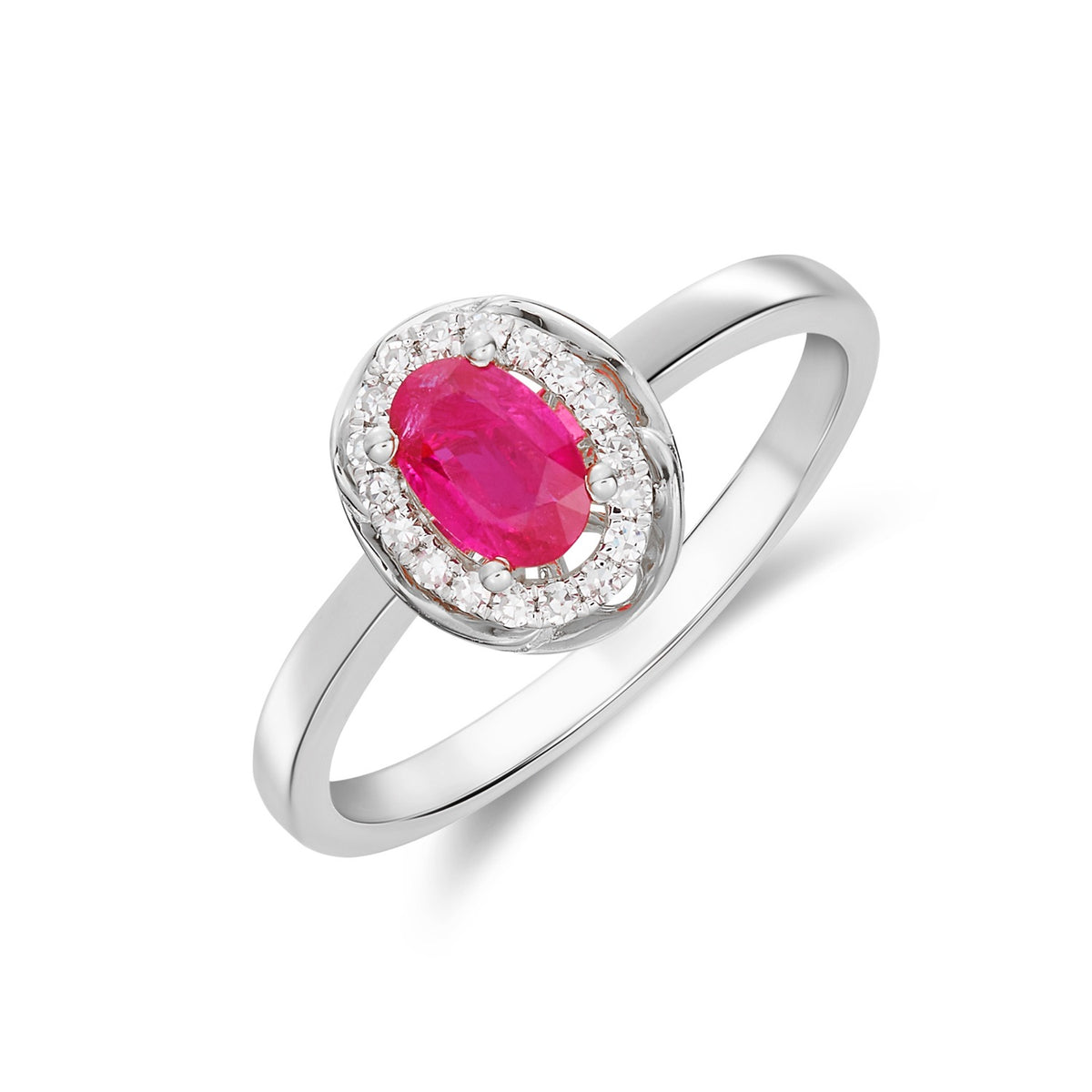 9CT WG 6X4 OVAL RUBY & DIAMOND CLUSTER RING WITH ROPE EDGE