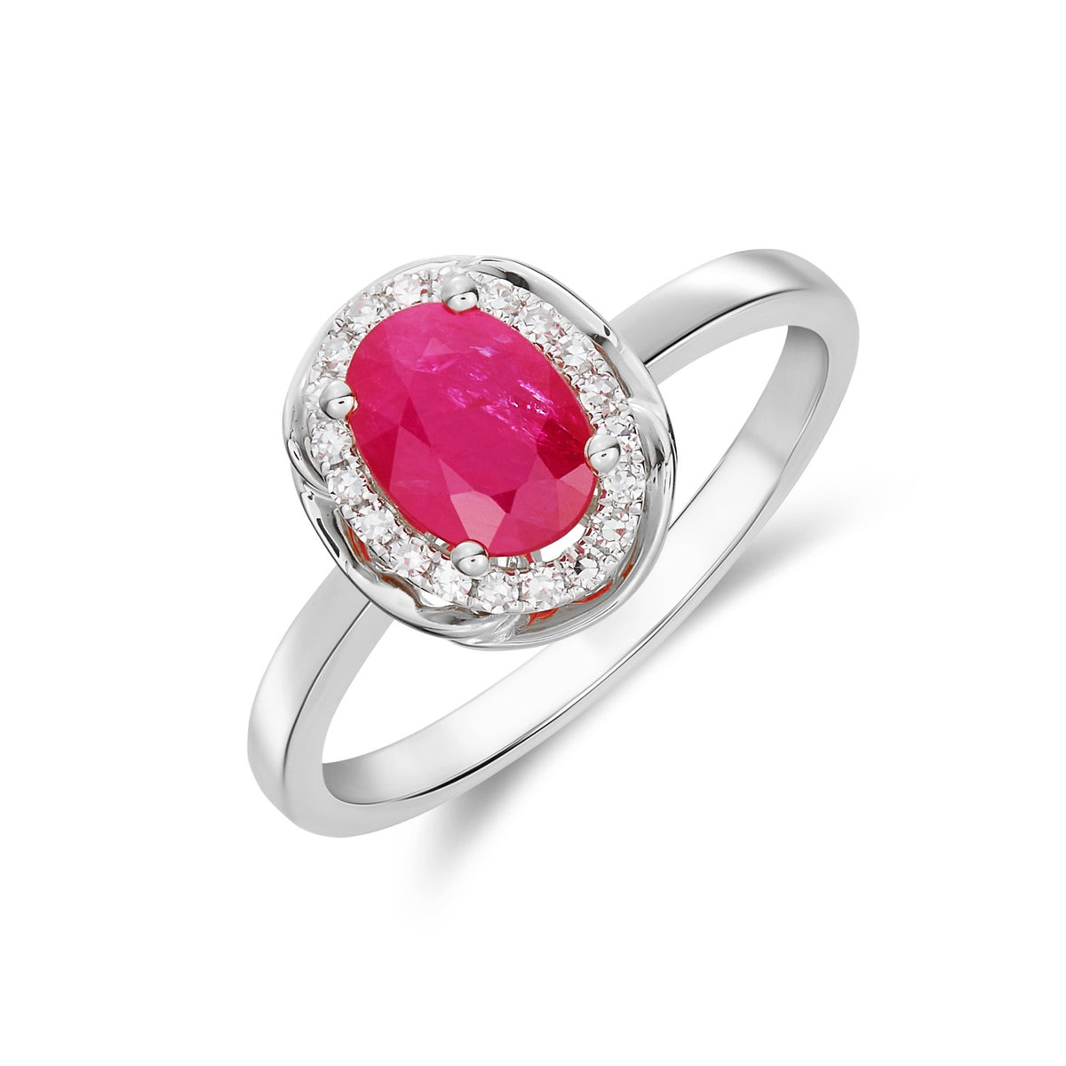 9CT WG 7X5 OVAL RUBY & DIAMOND CLUSTER RING WITH ROPE EDGE