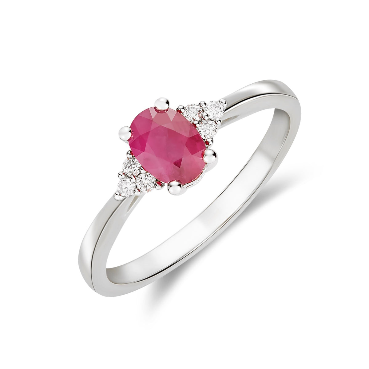 9CT WG 7X5 OVAL RUBY & DIAMOND TREFOIL SHOULDERS CLAW SET RING