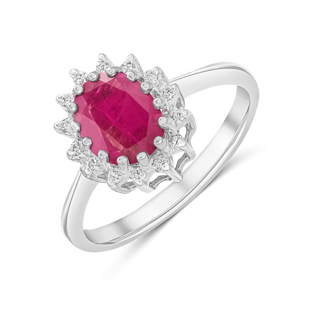 9CT WG 8X6 OVAL RUBY & DIAMOND CLAW SET CUSTER RING