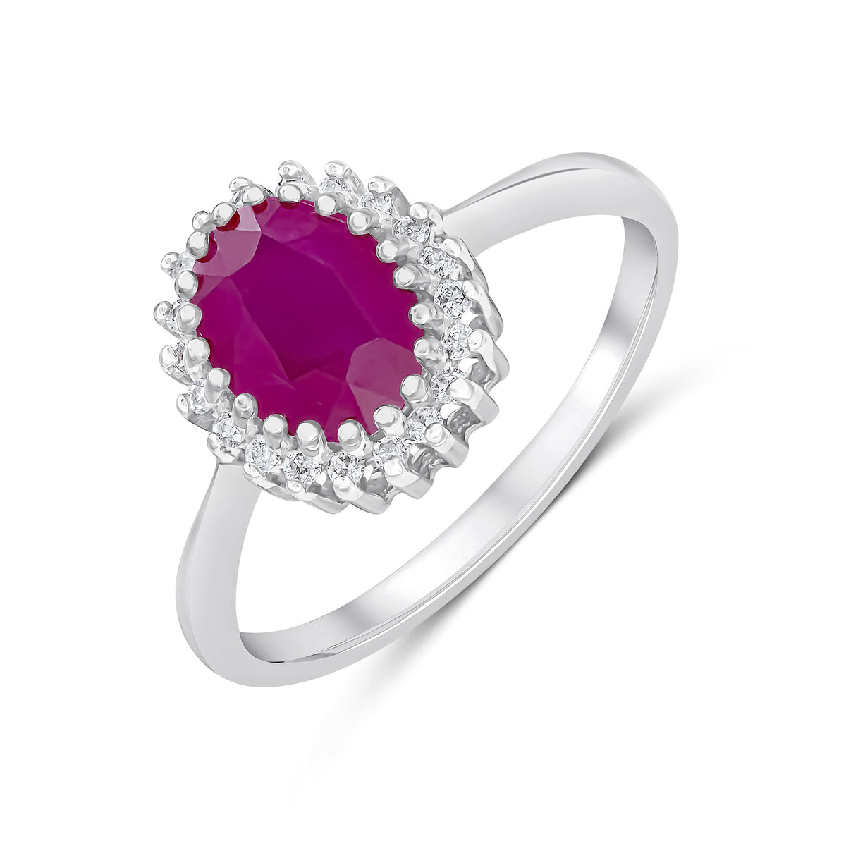 9CT WG 8X6 OVAL RUBY & DIAMOND CLAW SET CLUSTER RING