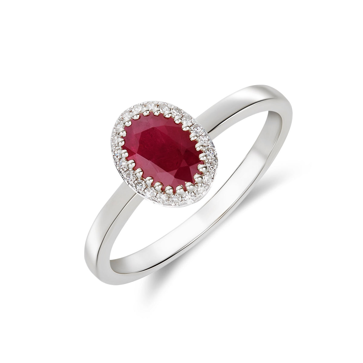 9CT WHITE GOLD OVAL RUBY AND ROUND DIAMOND CLAW SET CLUSTER RING