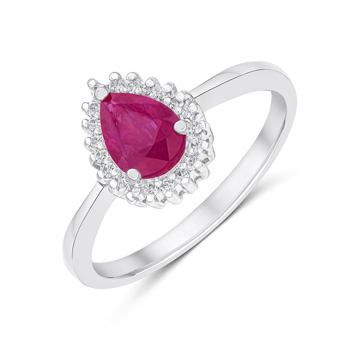 9CT WG 7X5MM PEARSHAPE RUBY & DIAMOND CLAW SET CLUSTER RING