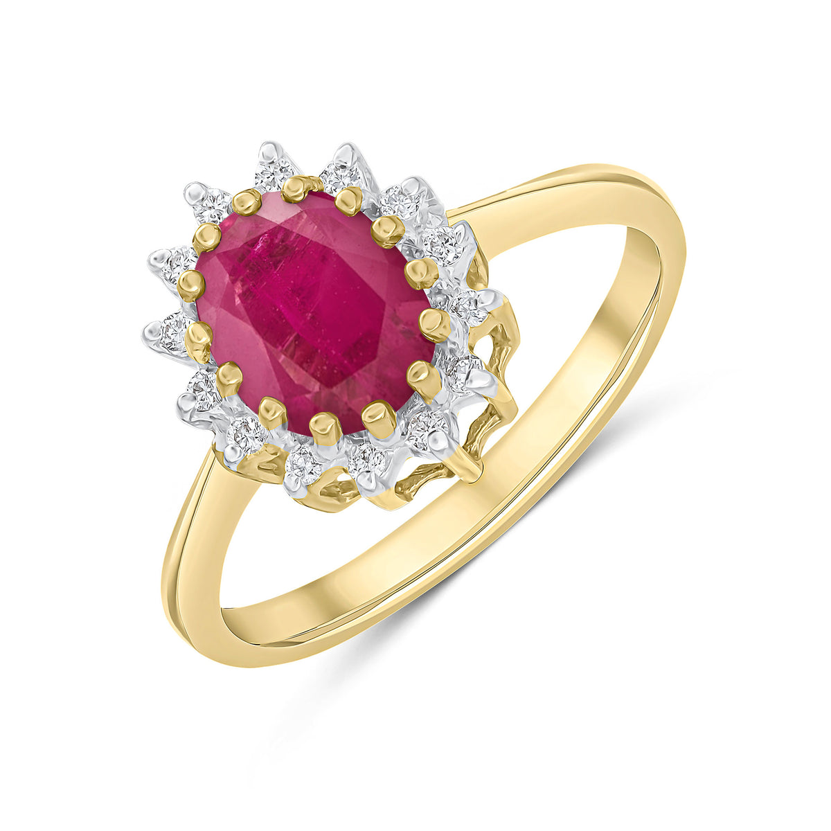 9CT YG 8X6 OVAL RUBY & DIAMOND CLAW SET CLUSTER RING. RHODIUM TO DIAMONDS
