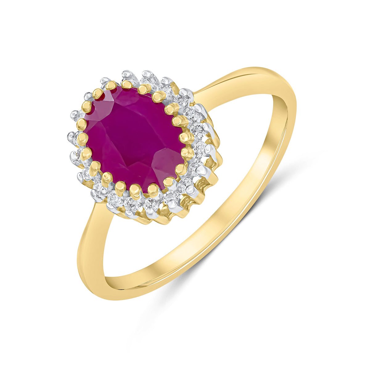 9CT YG 8X6 OVAL RUBY & DIAMOND CLAW SET CLUSTER RING. RHODIUM TO DIAMONDS