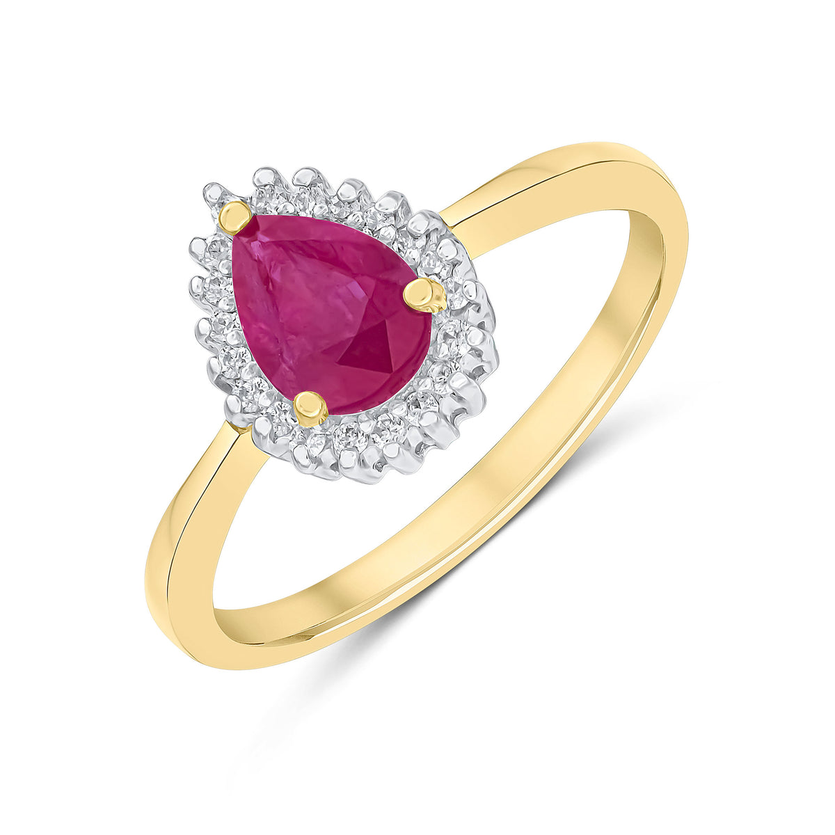 9CT YG 7X5MM PEARSHAPE RUBY & DIAMOND CLAW SET CLUSTER RING. RHODIUM TO DIAMONDS