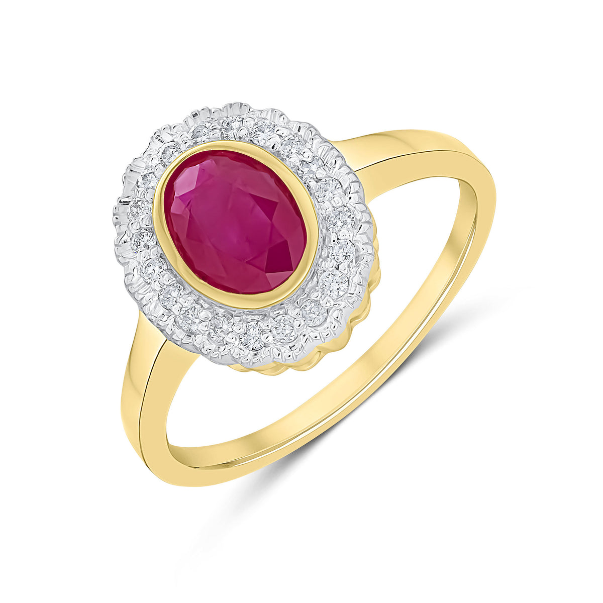 9CT YELLOW GOLD RUBOVER OVAL RUBY AND MILLEGRAIN ROUND DIAMOND CLUSTER RING. RHODIUM TO DIAMONDS