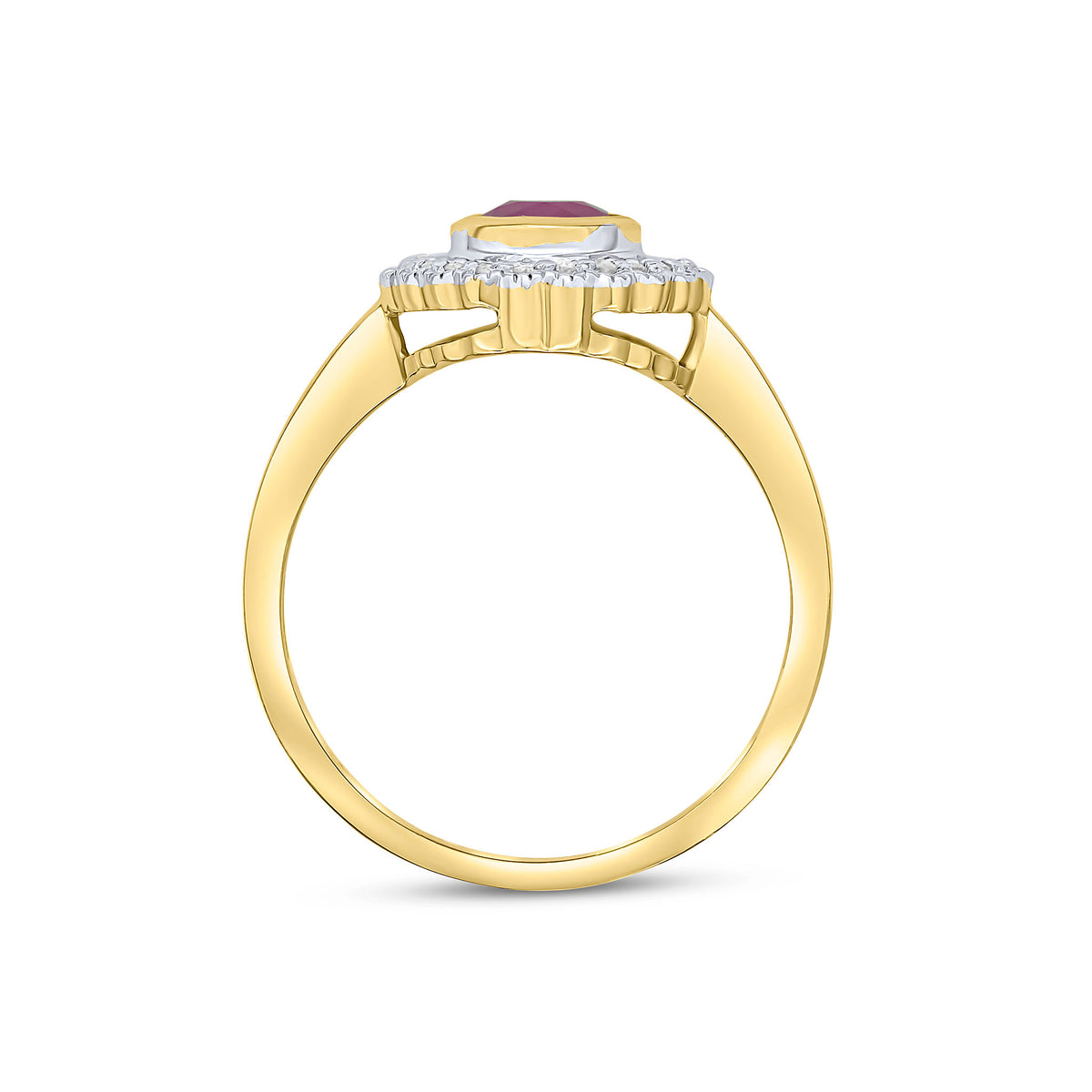 9CT YELLOW GOLD ROUND RUBOVER RUBY AND MILLEGRAIN ROUND DIAMOND CLUSTER RING. RHODIUM TO DIAMONDS