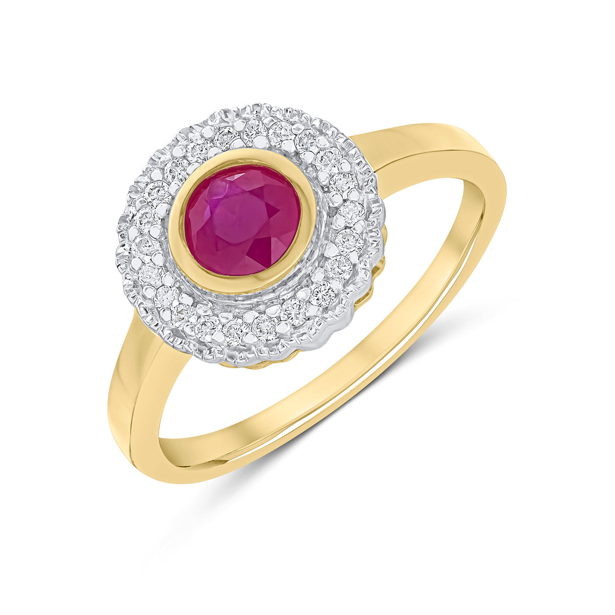 9CT YELLOW GOLD ROUND RUBOVER RUBY AND MILLEGRAIN ROUND DIAMOND CLUSTER RING. RHODIUM TO DIAMONDS