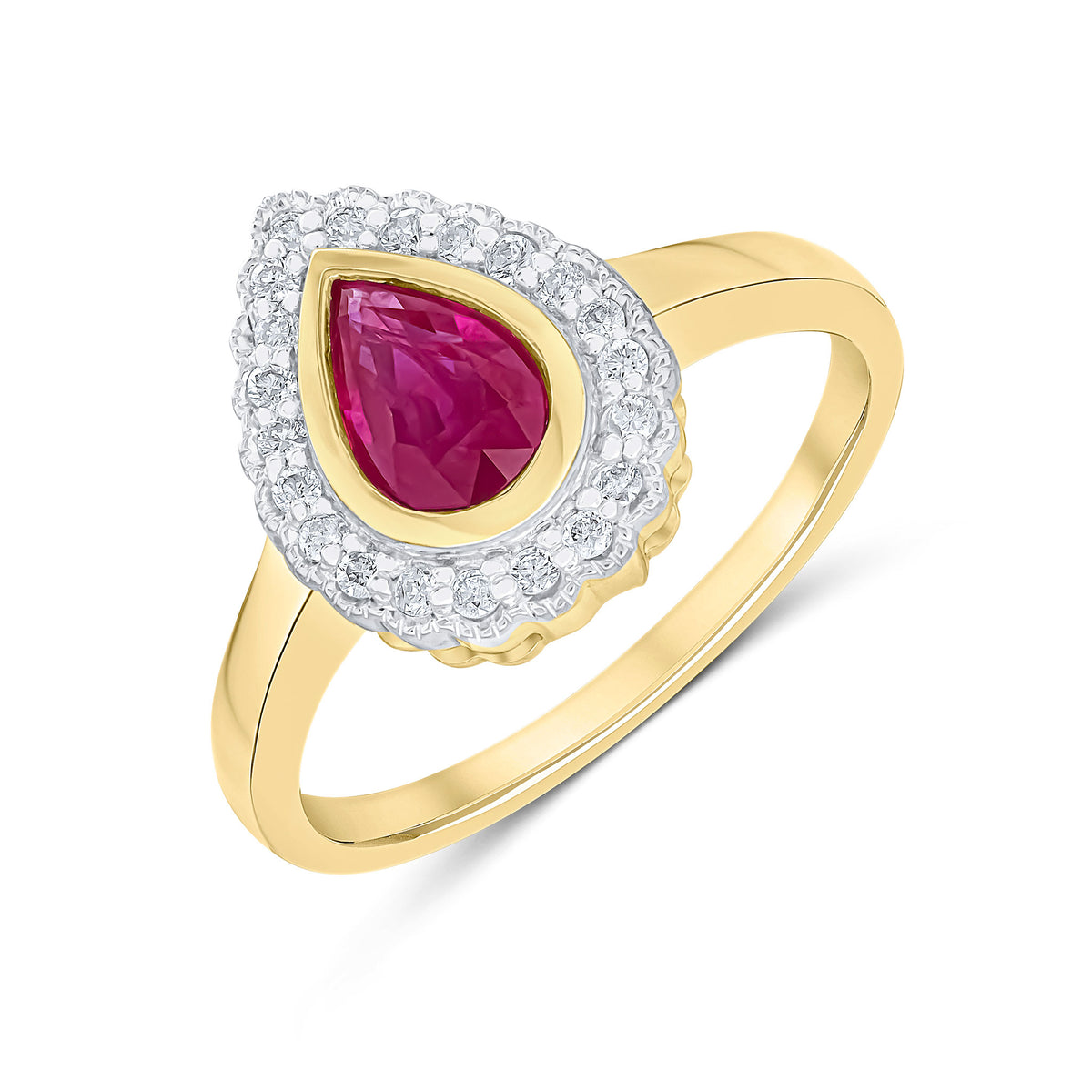 9CT YELLOW GOLD PEARSHAPE RUBOVER RUBY AND MILLEGRAIN ROUND DIAMOND CLUSTER RING. RHODIUM TO DIAMONDS