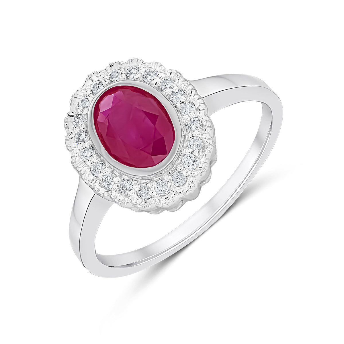 9CT WHITE GOLD RUBOVER OVAL RUBY AND MILLEGRAIN ROUND DIAMOND CLUSTER RING