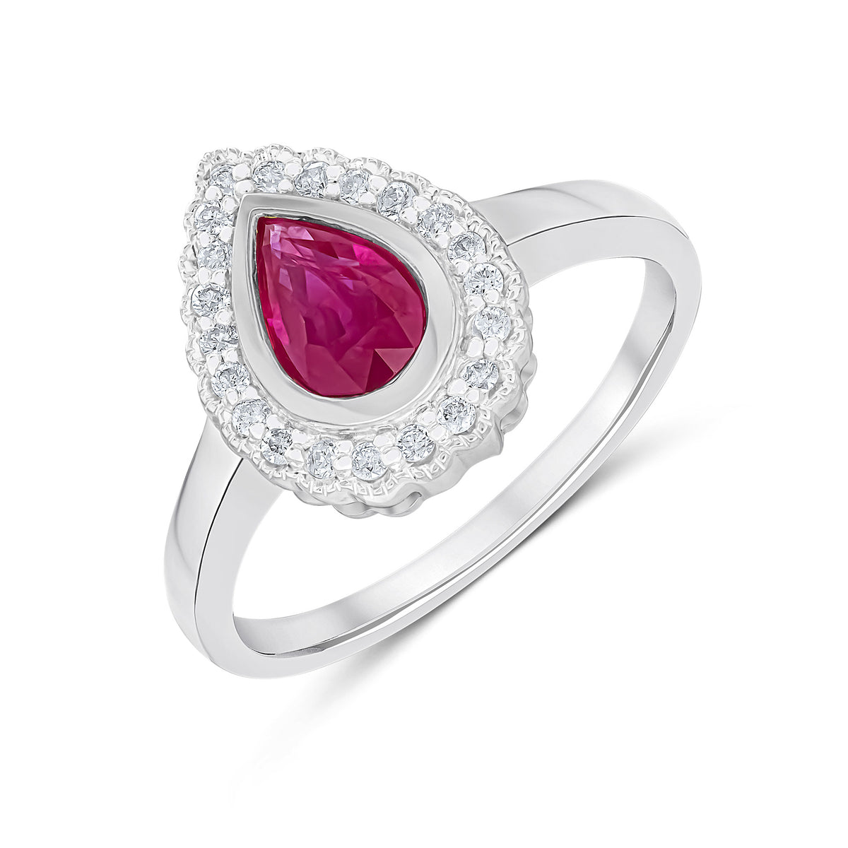 9CT WHITE GOLD PEARSHAPE RUBOVER RUBY AND MILLEGRAIN ROUND DIAMOND CLUSTER RING