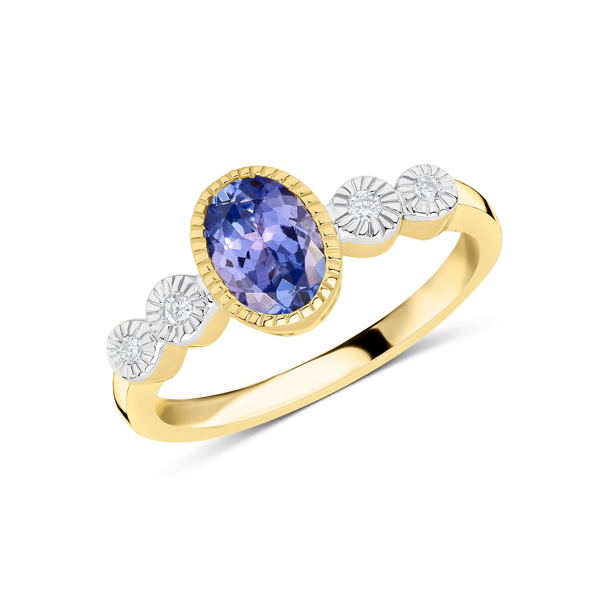 9CT YG 7X5 OVAL TANZANITE & DIAMOND 2ST SHOULDERS MILLEGRAIN SET RING. RHODIUM TO DIAMONDS