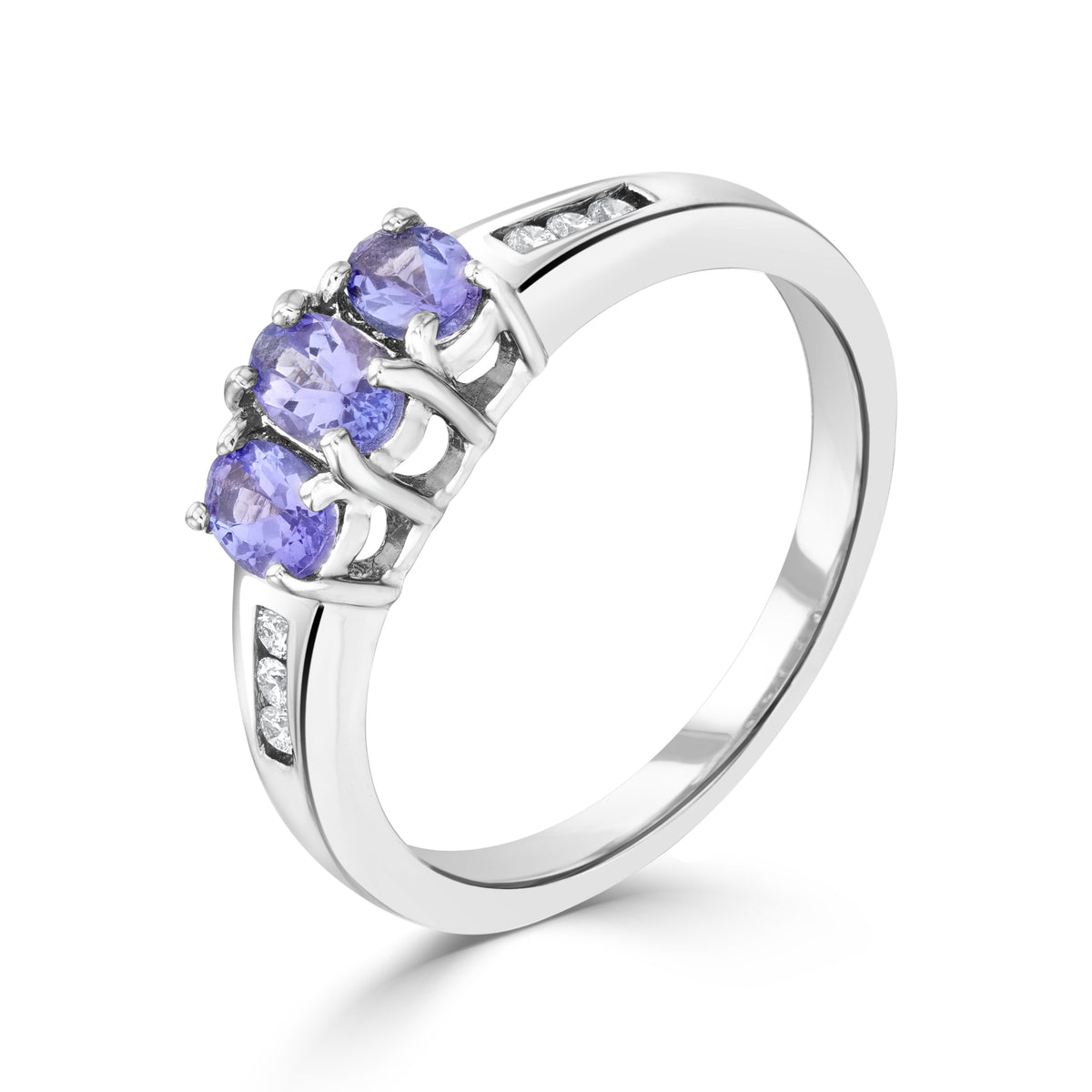 9CT WG OVAL TANZANITE CLAW SET 3ST RING WITH CHANNEL SET DIAMOND SHOULDERS