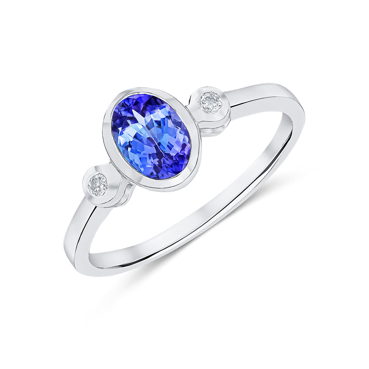 9CT WG 7X5 OVAL TANZANITE AND ROUND DIAMOND 3ST RUBOVER RING