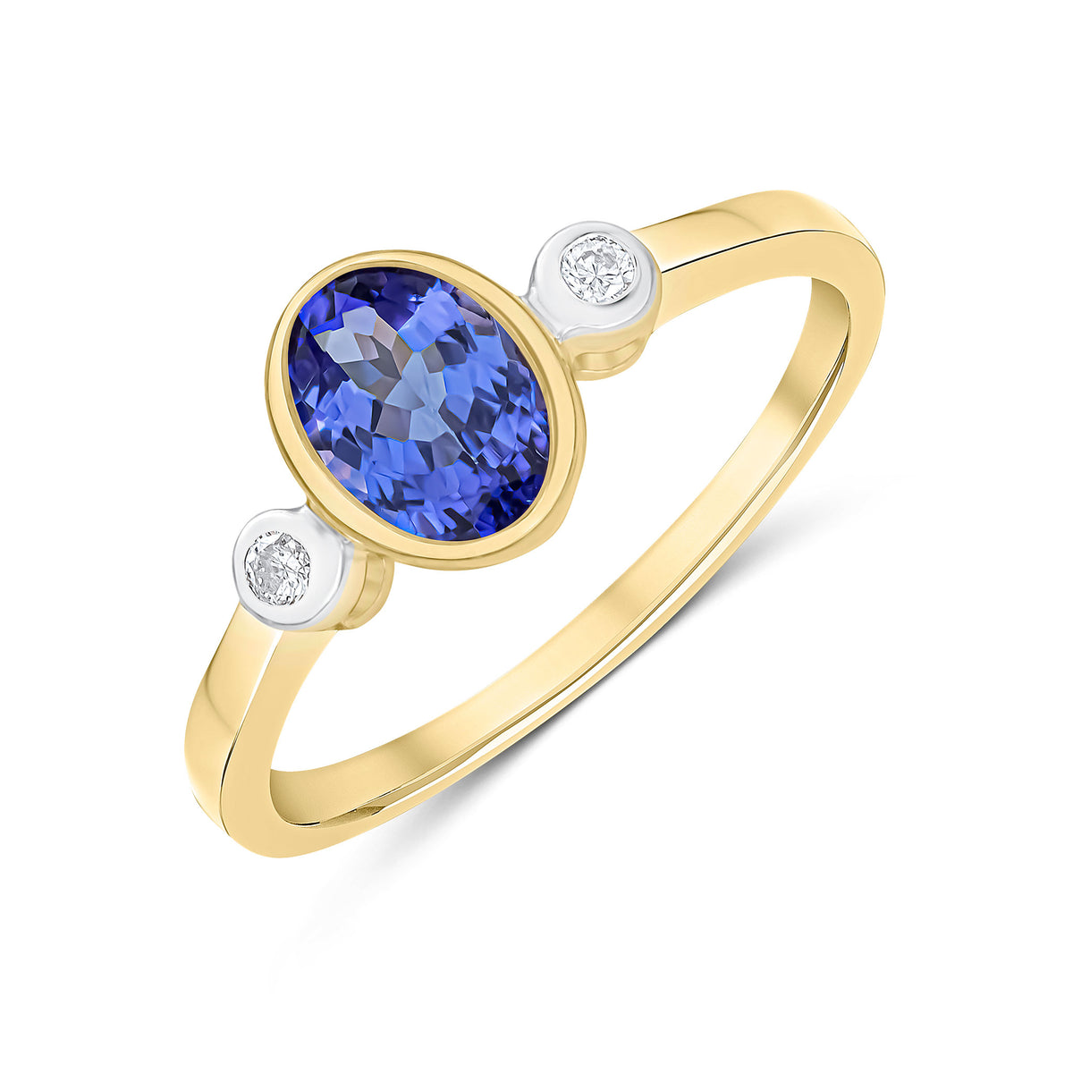 9CT YG 7X5 OVAL TANZANITE AND ROUND DIAMOND 3ST RUBOVER RING. RHODIUM TO DIAMONDS