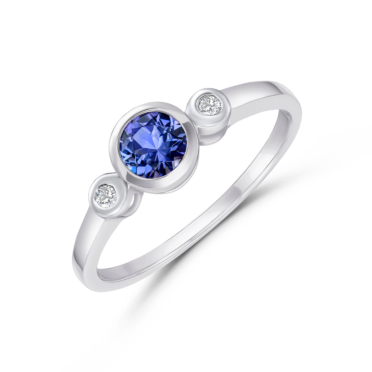 9CT WG 5MM ROUND TANZANITE AND DIAMOND RUBOVER 3ST RING