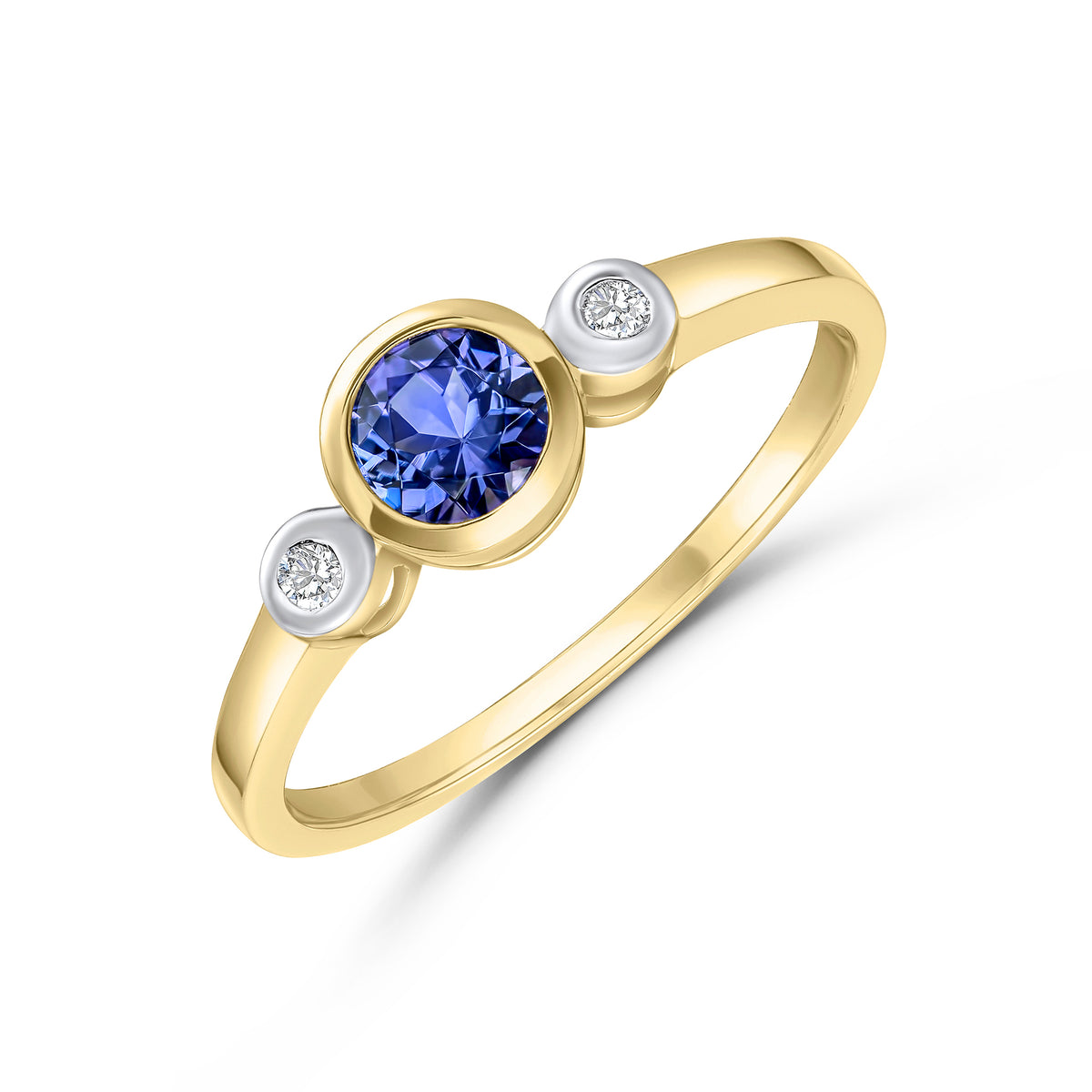 9CT YG 5MM ROUND TANZANITE AND DIAMOND RUBOVER 3ST RING. RHODIUM TO DIAMONDS