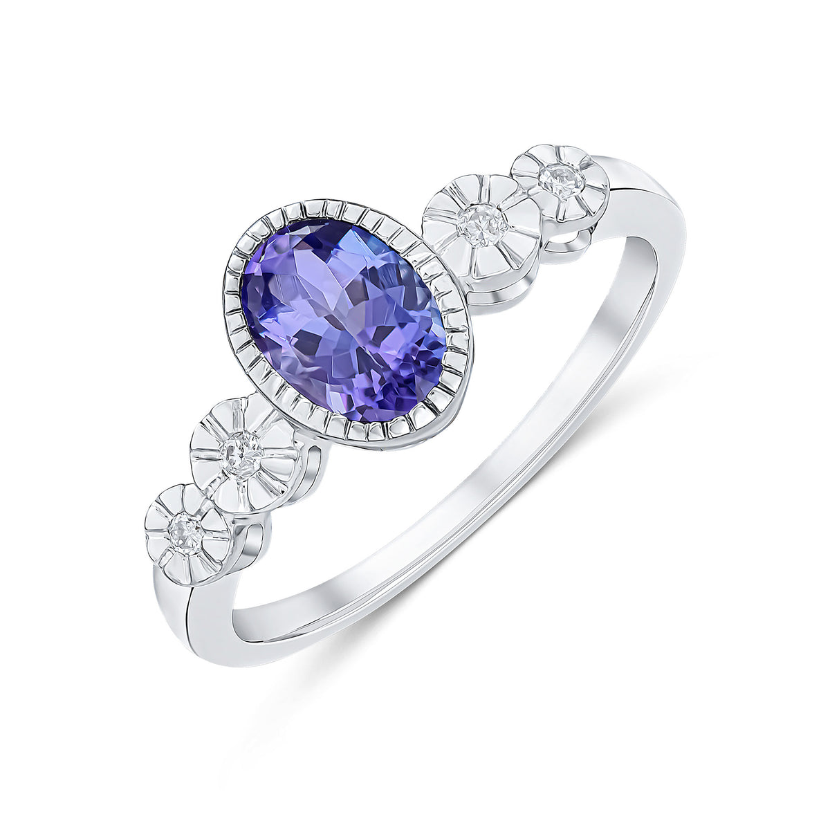 9CT WHITE GOLD MILLEGRAIN OVAL TANZANITE AND ILLUSION DIAMOND 4ST SHOULDERS RING