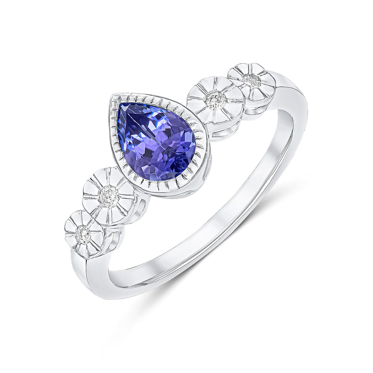 9CT WHITE GOLD MILLEGRAIN PEARSHAPE TANZANITE AND ILLUSION DIAMOND 4ST SHOULDERS RING