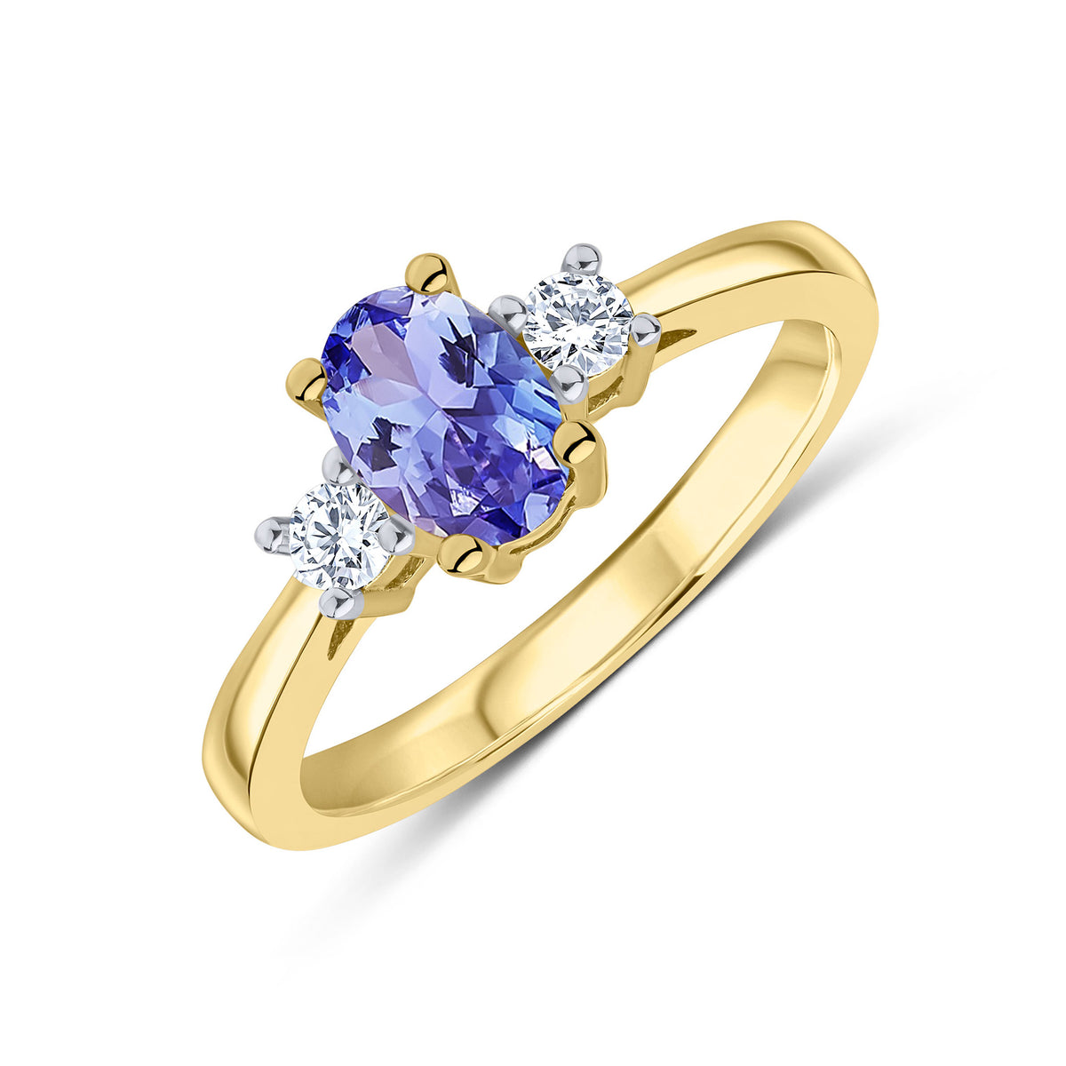 9CT YG 7X5 OVAL TANZANITE AND ROUND DIAMOND CLAW SET 3ST RING, RHODIUM TO DIAMONDS