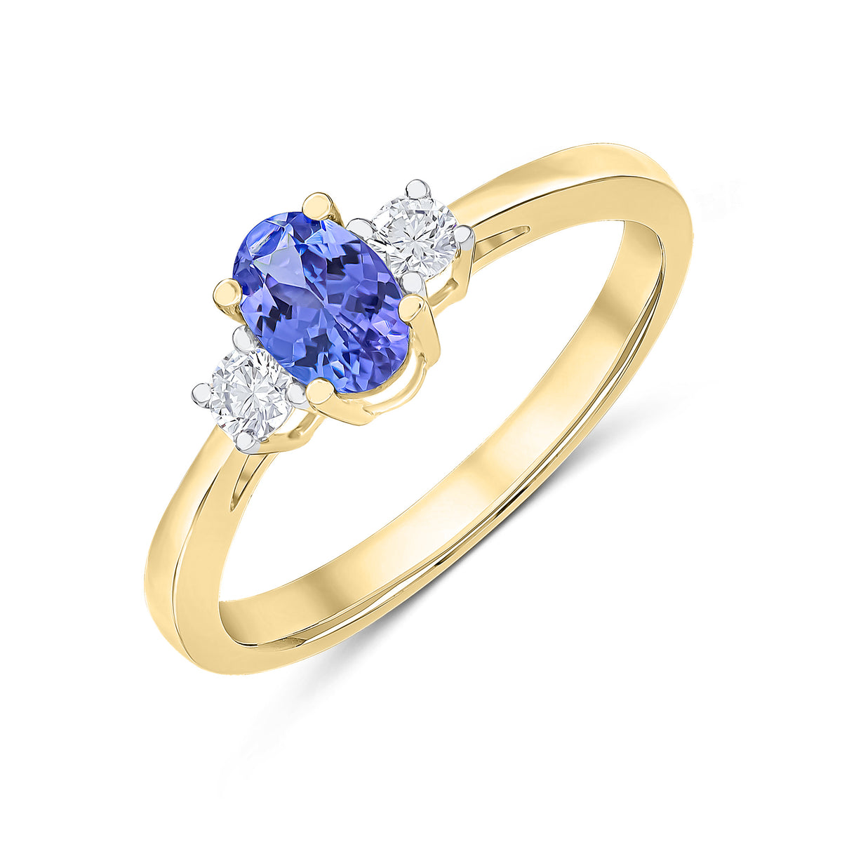 9CT YG 6X4 OVAL TANZANITE AND ROUND DIAMOND CLAW SET 3ST RING